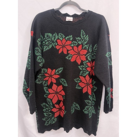 Holiday Time Sweaters - VTG Holiday‎ Time Black Poinsettia Metallic Christmas Sweater Womens Size M